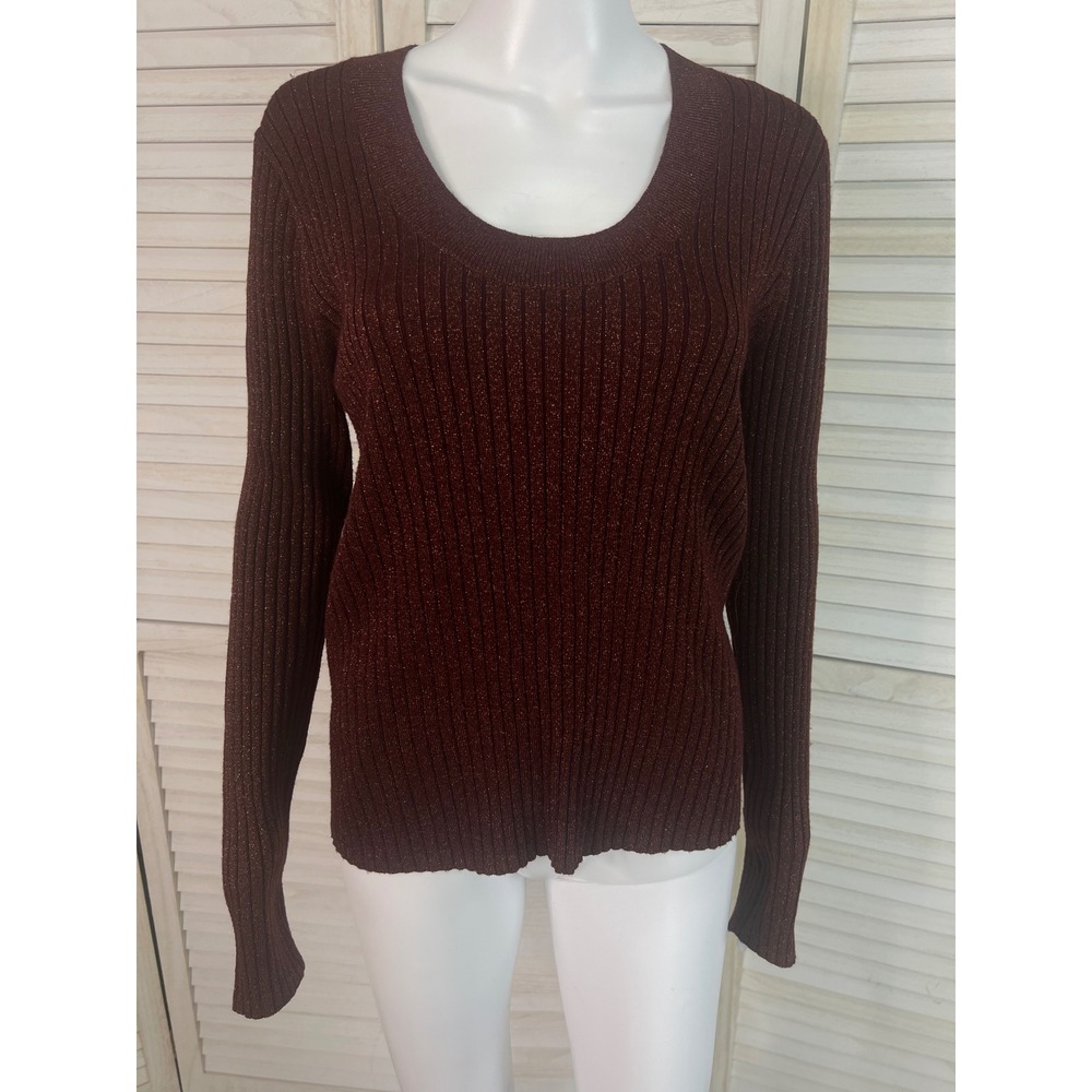 A New Day Sweater Womens XL Burgundy Metallic Ribbed Scoop Neck Stretch Sparkle